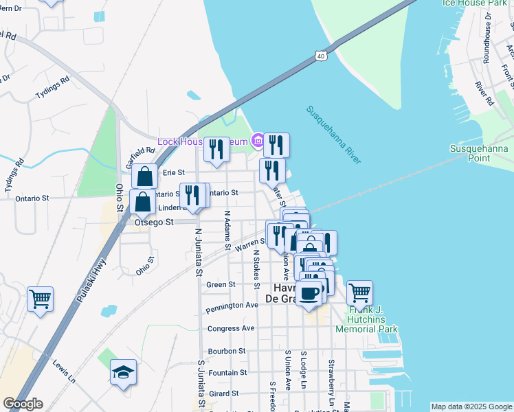 map of restaurants, bars, coffee shops, grocery stores, and more near 623 North Stokes Street in Havre de Grace