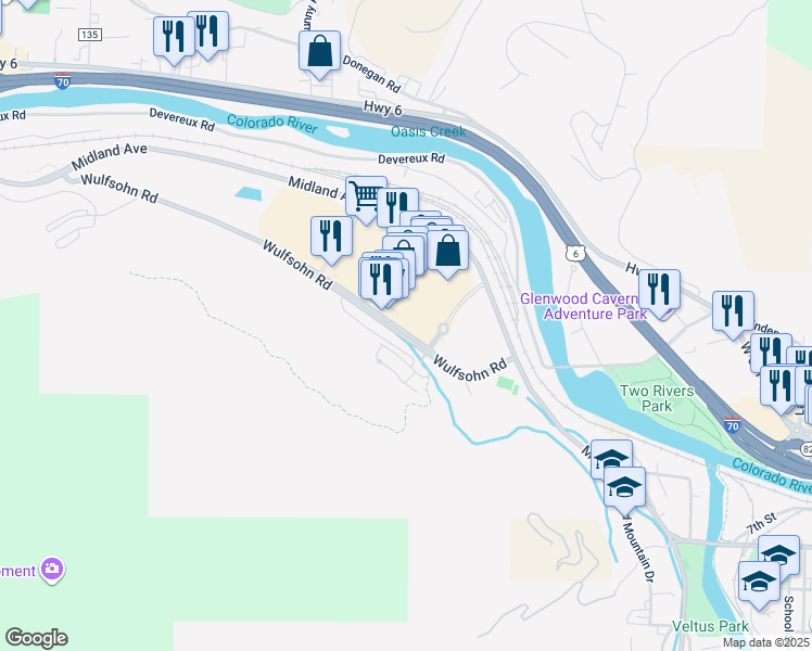 map of restaurants, bars, coffee shops, grocery stores, and more near 100 Wulfsohn Rd in Glenwood Springs
