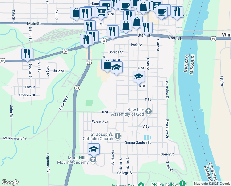 map of restaurants, bars, coffee shops, grocery stores, and more near 775 South 8th Street in Atchison