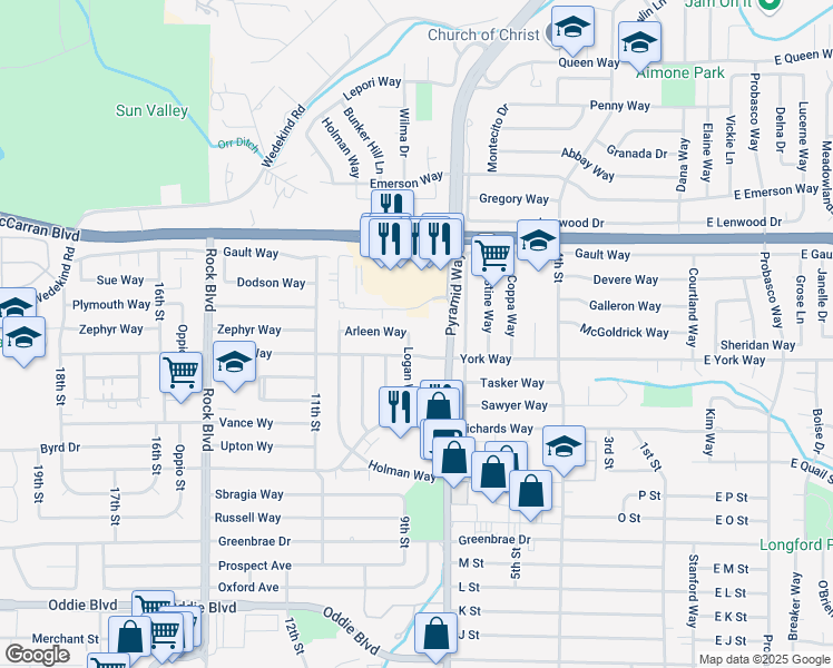 map of restaurants, bars, coffee shops, grocery stores, and more near 2490 Logan Way in Sparks