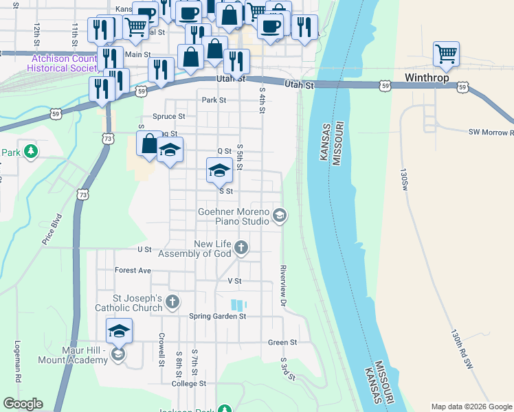 map of restaurants, bars, coffee shops, grocery stores, and more near 821 South 4th Street in Atchison