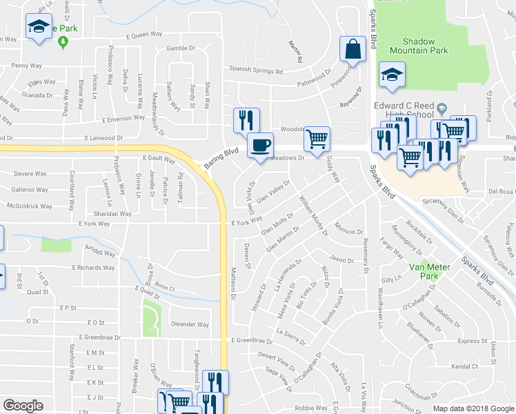 map of restaurants, bars, coffee shops, grocery stores, and more near 809 Glen Valley Drive in Sparks