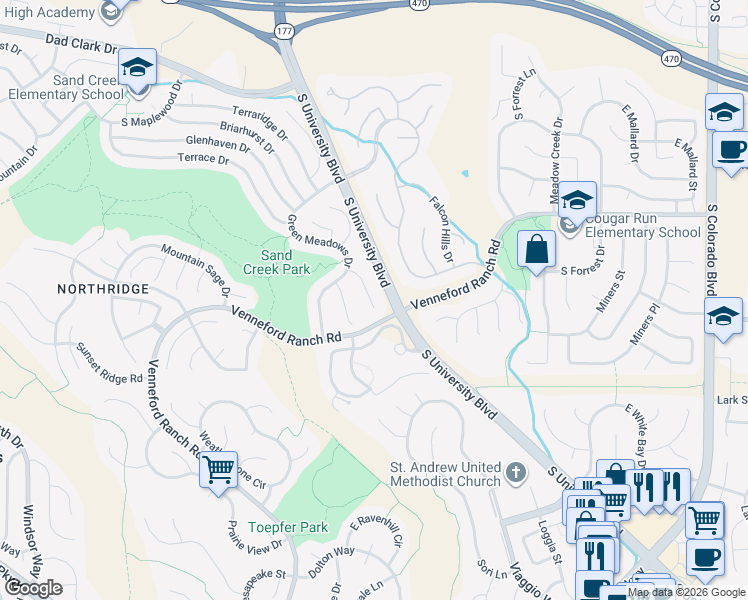 map of restaurants, bars, coffee shops, grocery stores, and more near 8968 Green Meadows Lane in Littleton