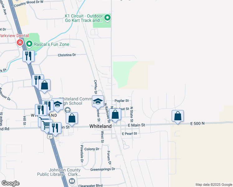 map of restaurants, bars, coffee shops, grocery stores, and more near 622 Willow Drive in Whiteland