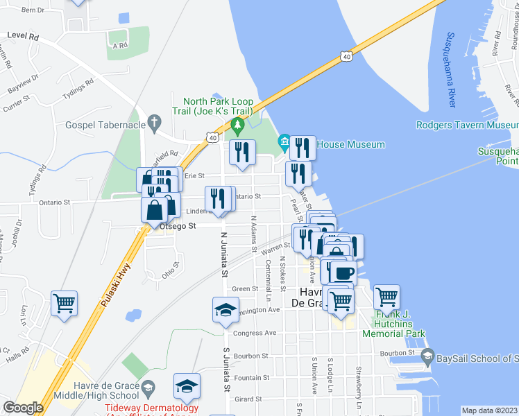 map of restaurants, bars, coffee shops, grocery stores, and more near 635 Linden Lane in Havre de Grace