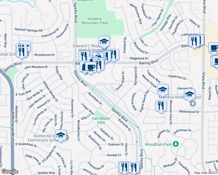 map of restaurants, bars, coffee shops, grocery stores, and more near 2415 Sunny Slope Drive in Sparks