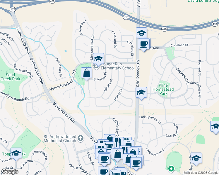 map of restaurants, bars, coffee shops, grocery stores, and more near 8896 Miners St in Littleton
