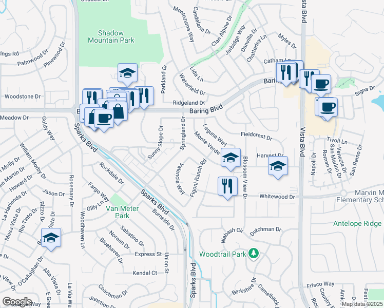map of restaurants, bars, coffee shops, grocery stores, and more near 2457 Hermosa Drive in Sparks