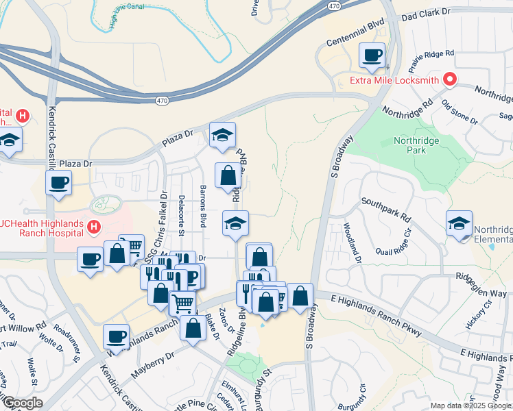 map of restaurants, bars, coffee shops, grocery stores, and more near 8910 South Ridgeline Boulevard in Littleton