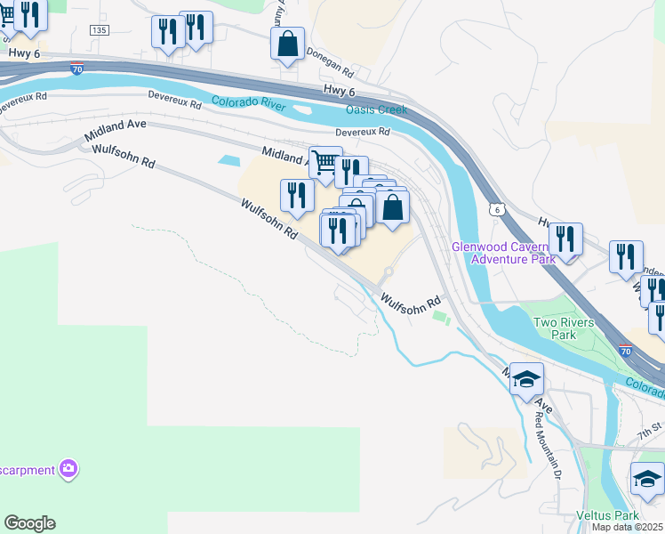 map of restaurants, bars, coffee shops, grocery stores, and more near 300 Wulfsohn Road in Glenwood Springs