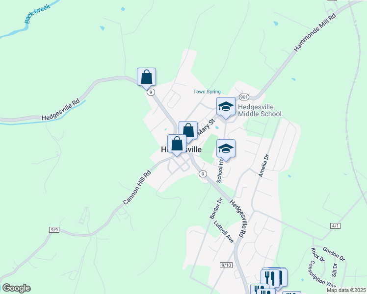 map of restaurants, bars, coffee shops, grocery stores, and more near West Virginia 901 in Hedgesville