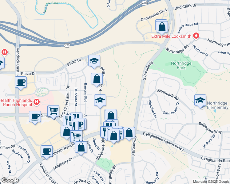 map of restaurants, bars, coffee shops, grocery stores, and more near 8910 South Ridgeline Boulevard in Littleton