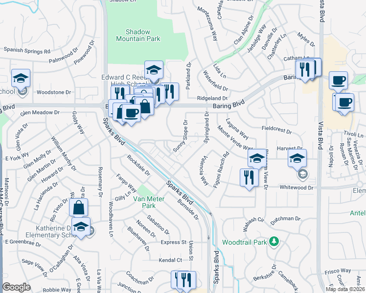 map of restaurants, bars, coffee shops, grocery stores, and more near 2546 Sunny Slope Drive in Sparks