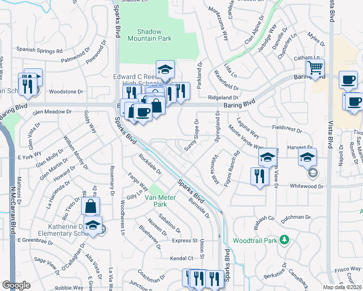 map of restaurants, bars, coffee shops, grocery stores, and more near 2415 Sunny Slope Drive in Sparks