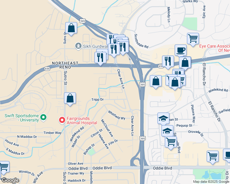 map of restaurants, bars, coffee shops, grocery stores, and more near 2361 Clear Acre Lane in Reno