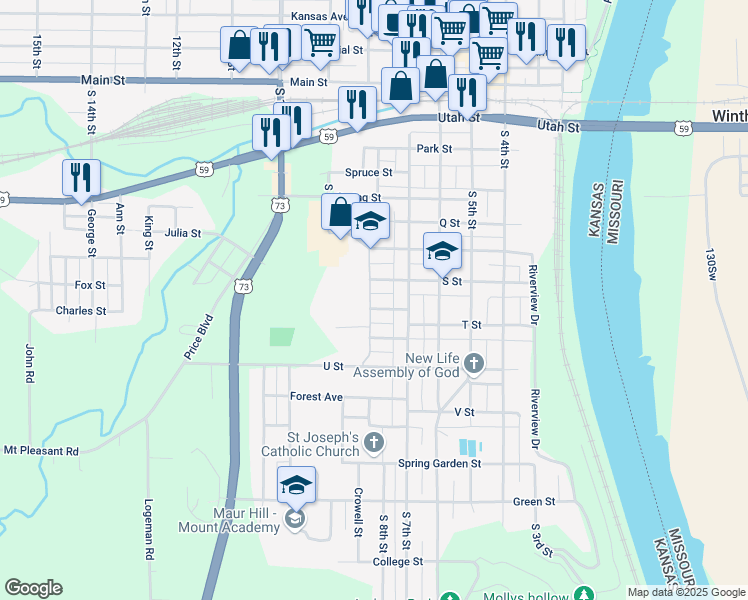 map of restaurants, bars, coffee shops, grocery stores, and more near 767-775 S 8th St in Atchison