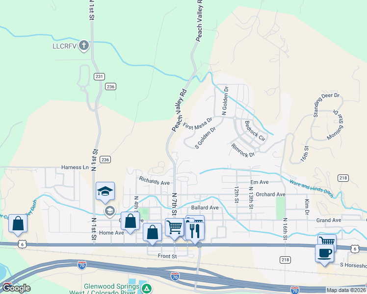 map of restaurants, bars, coffee shops, grocery stores, and more near 161 South Golden Drive in Silt