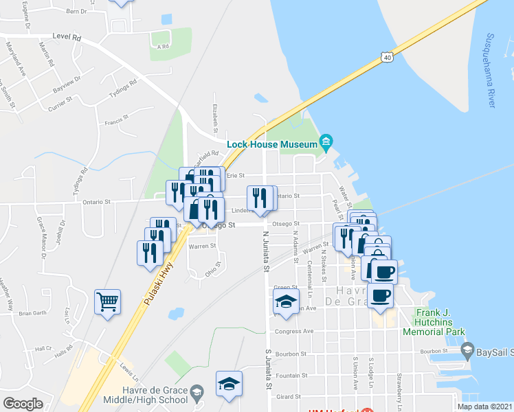 map of restaurants, bars, coffee shops, grocery stores, and more near 817 Linden Lane in Havre de Grace