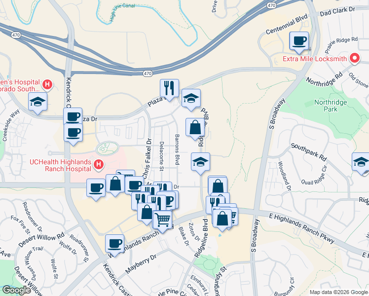 map of restaurants, bars, coffee shops, grocery stores, and more near 8950 Barrons Boulevard in Littleton