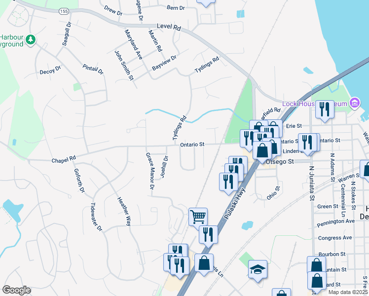 map of restaurants, bars, coffee shops, grocery stores, and more near 1306 Ontario Street in Havre de Grace