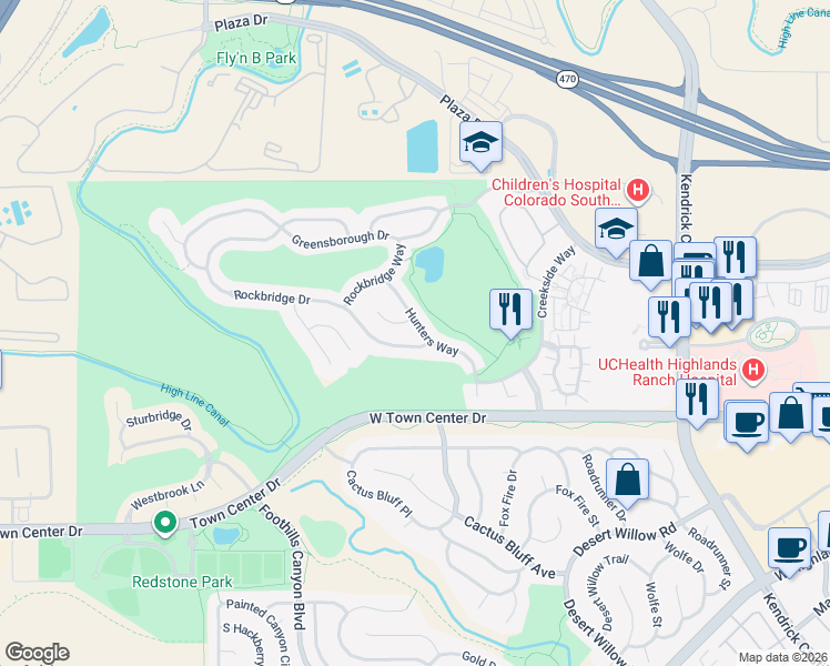 map of restaurants, bars, coffee shops, grocery stores, and more near 8974 Hunters Way in Littleton