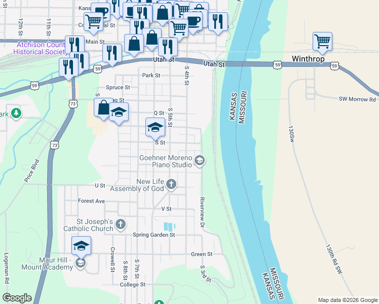 map of restaurants, bars, coffee shops, grocery stores, and more near 821 South 4th Street in Atchison
