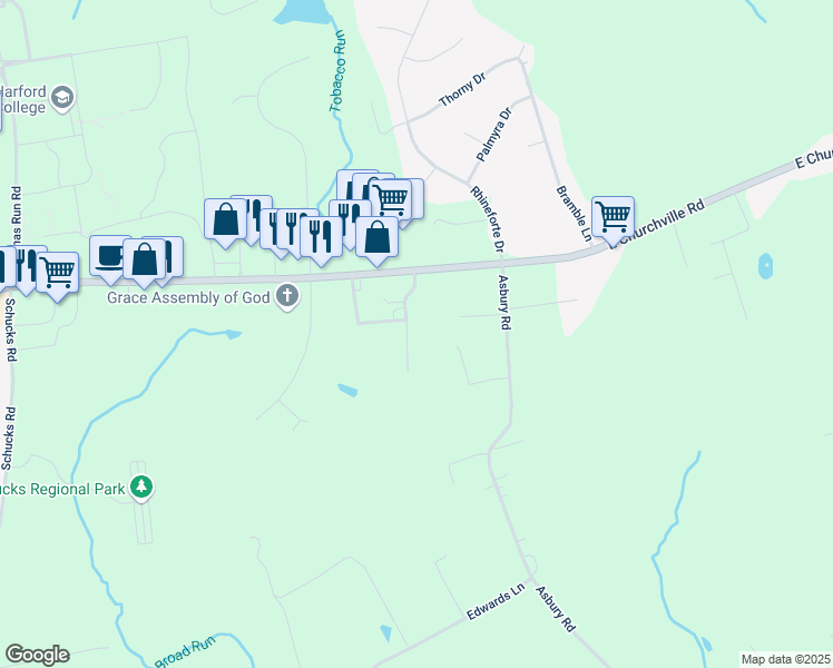 map of restaurants, bars, coffee shops, grocery stores, and more near 13 Corns Drive in Bel Air