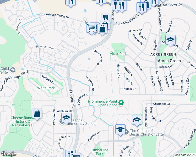 map of restaurants, bars, coffee shops, grocery stores, and more near 8955 Edgewood Lane in Littleton