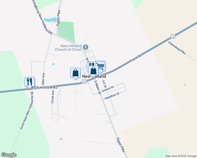 map of restaurants, bars, coffee shops, grocery stores, and more near 27 East Front Street in New Holland