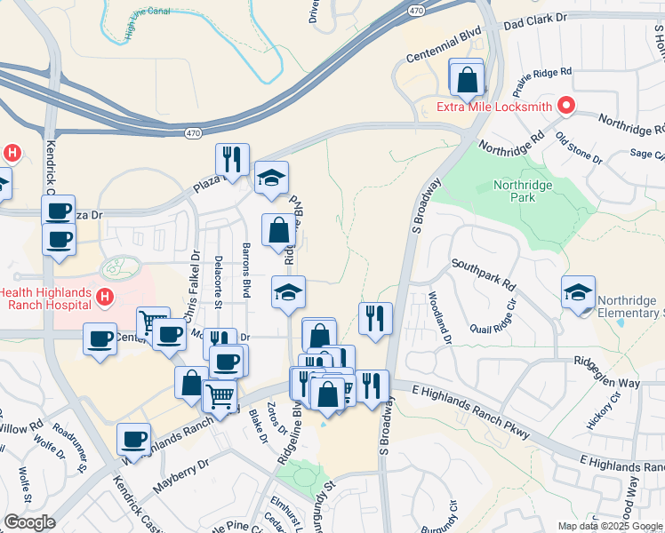 map of restaurants, bars, coffee shops, grocery stores, and more near 8910 South Ridgeline Boulevard in Littleton