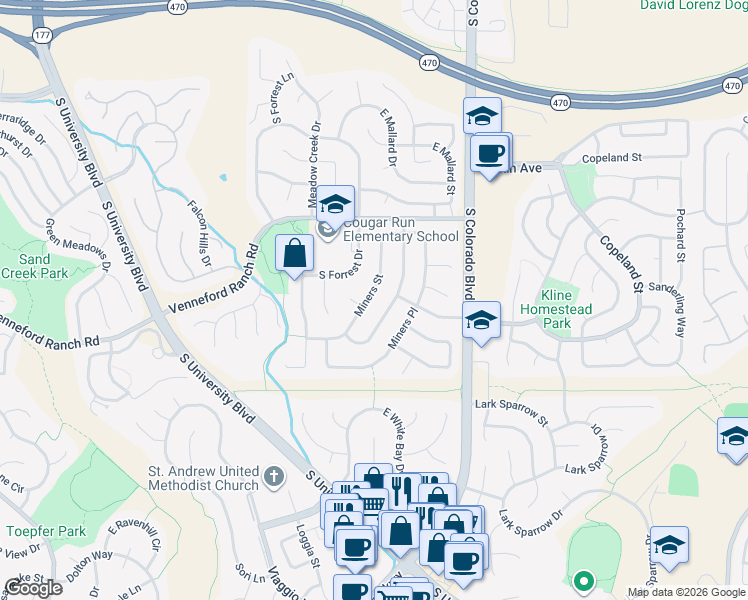 map of restaurants, bars, coffee shops, grocery stores, and more near 8896 Miners Street in Littleton