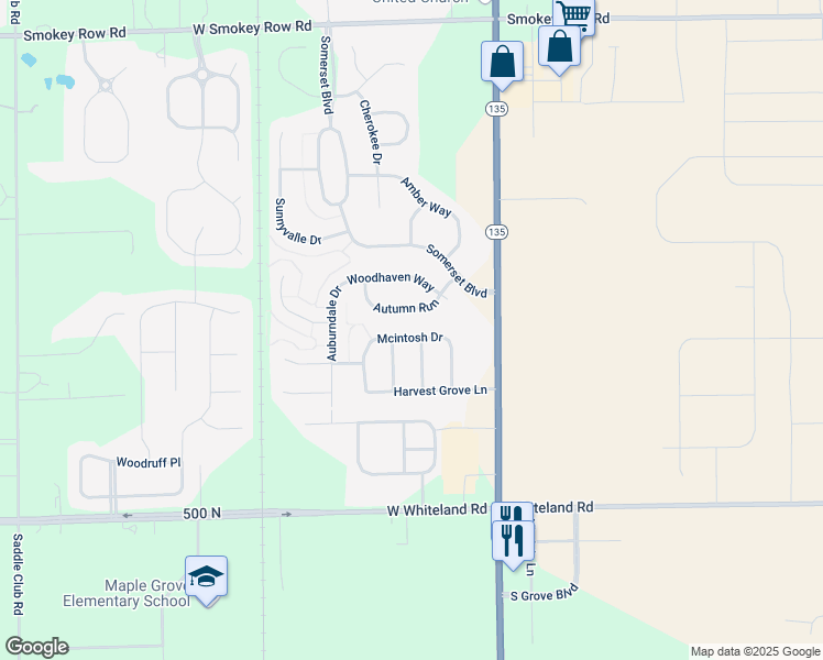 map of restaurants, bars, coffee shops, grocery stores, and more near 3106 Mcintosh Drive in Bargersville
