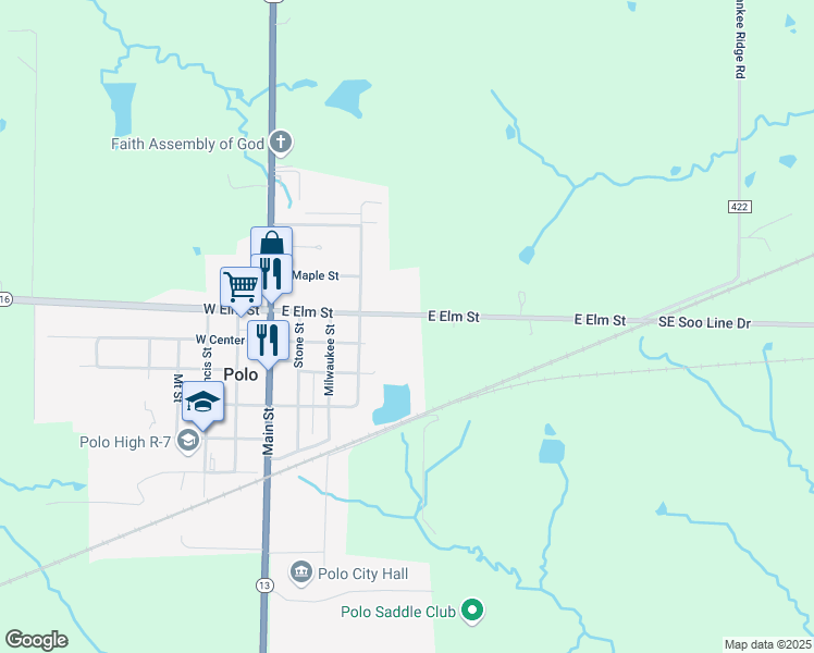 map of restaurants, bars, coffee shops, grocery stores, and more near 410 East Elm Street in Polo