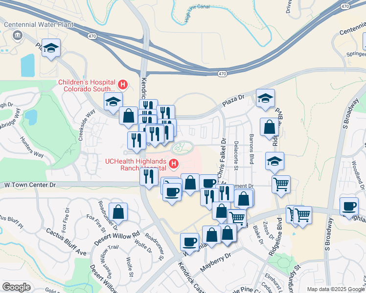 map of restaurants, bars, coffee shops, grocery stores, and more near 1365 Park Central Drive in Highlands Ranch