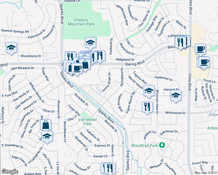 map of restaurants, bars, coffee shops, grocery stores, and more near 2546 Sunny Slope Drive in Sparks