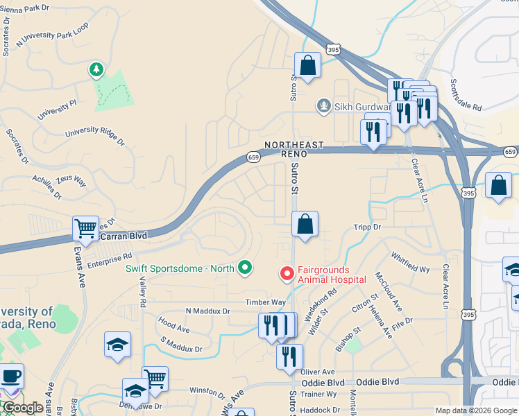 map of restaurants, bars, coffee shops, grocery stores, and more near 2185 Camellia Drive in Reno