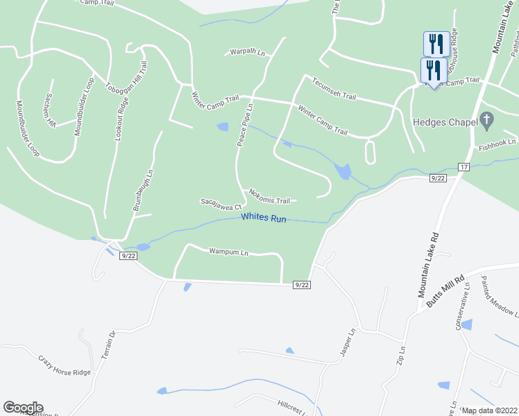map of restaurants, bars, coffee shops, grocery stores, and more near 72 Nokomis Trail in Hedgesville