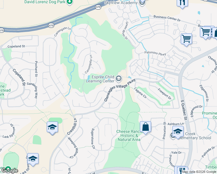 map of restaurants, bars, coffee shops, grocery stores, and more near 12 Stonehaven Court in Littleton