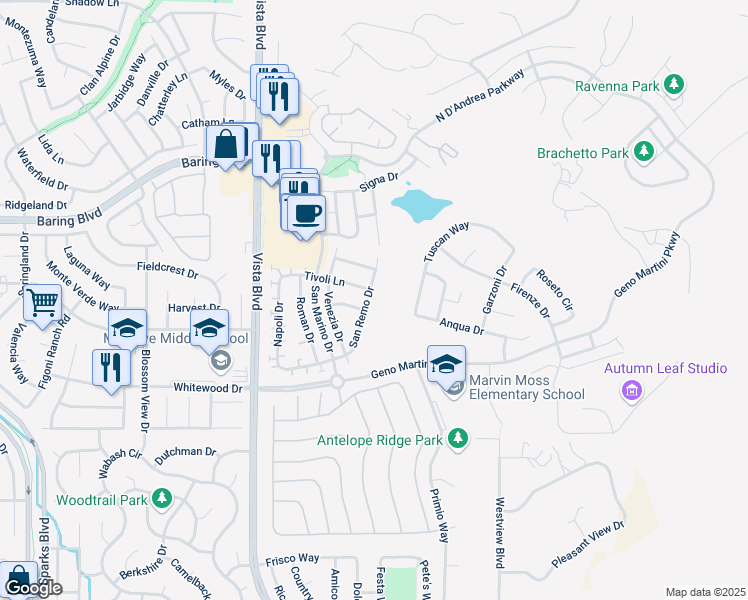 map of restaurants, bars, coffee shops, grocery stores, and more near 2570 San Remo Drive in Sparks