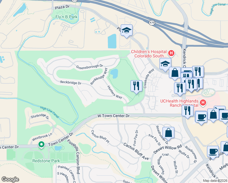 map of restaurants, bars, coffee shops, grocery stores, and more near 8974 Hunters Way in Littleton