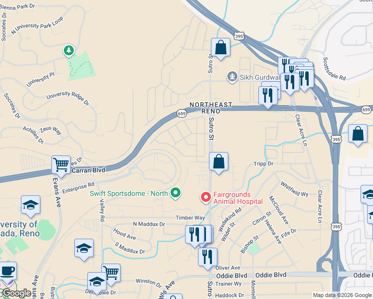 map of restaurants, bars, coffee shops, grocery stores, and more near 2185 Camellia Drive in Reno