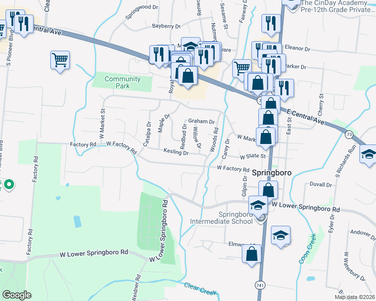 map of restaurants, bars, coffee shops, grocery stores, and more near 70 Kesling Drive in Springboro