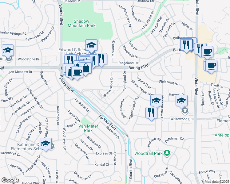 map of restaurants, bars, coffee shops, grocery stores, and more near 2614 Sunny Slope Drive in Sparks