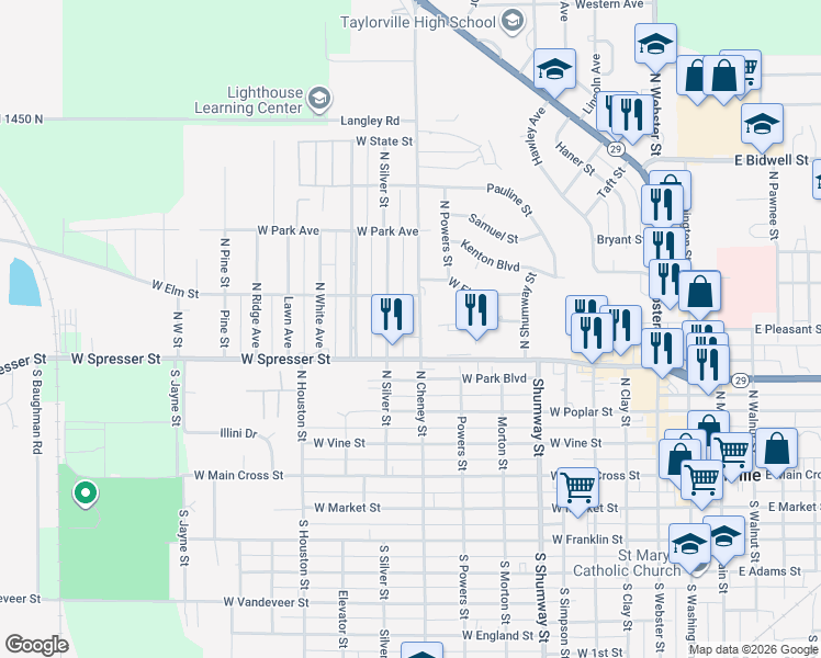 map of restaurants, bars, coffee shops, grocery stores, and more near 417 North Cheney Street in Taylorville