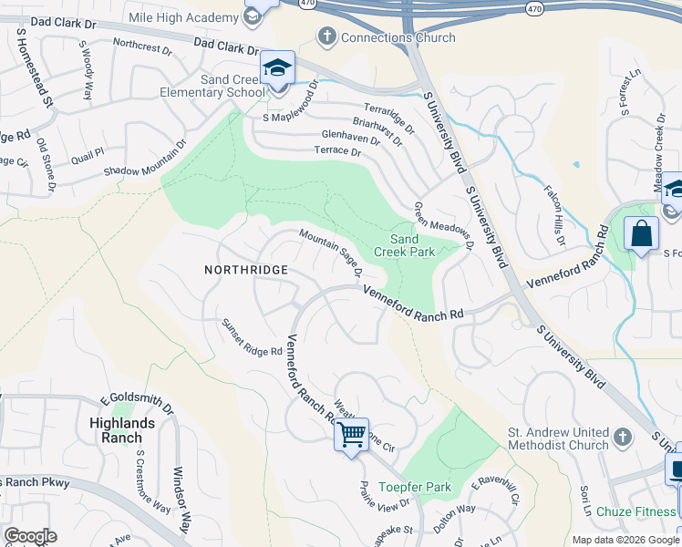 map of restaurants, bars, coffee shops, grocery stores, and more near 8897 South Cactus Flower Way in Littleton
