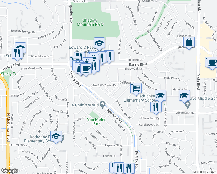 map of restaurants, bars, coffee shops, grocery stores, and more near 2523 Sunny Slope Drive in Sparks
