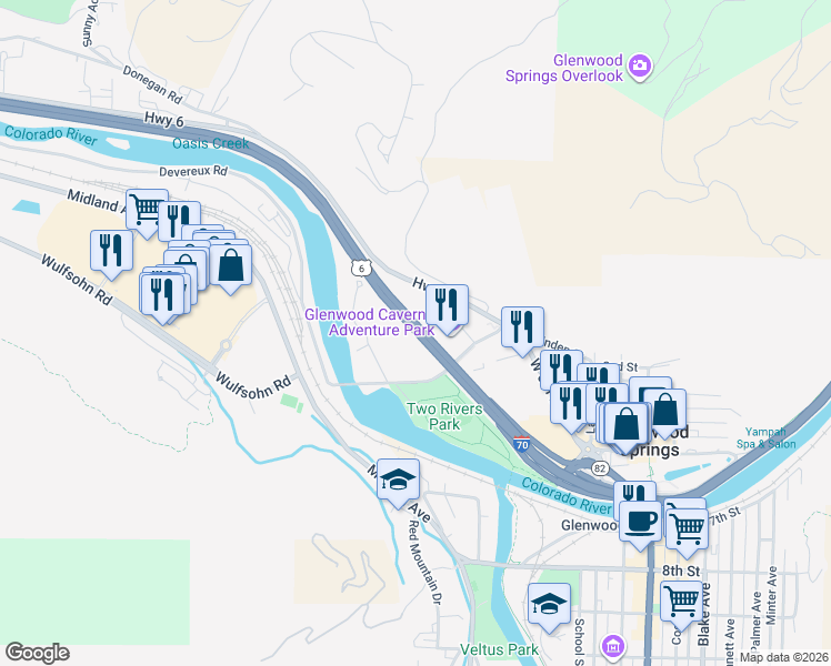 map of restaurants, bars, coffee shops, grocery stores, and more near 206 Centennial Street in Glenwood Springs