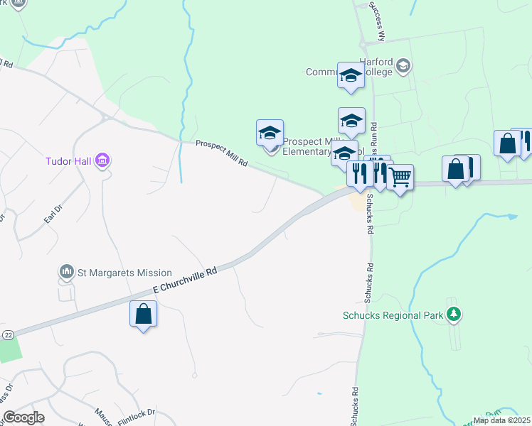 map of restaurants, bars, coffee shops, grocery stores, and more near 2005 Highland Avenue in Bel Air