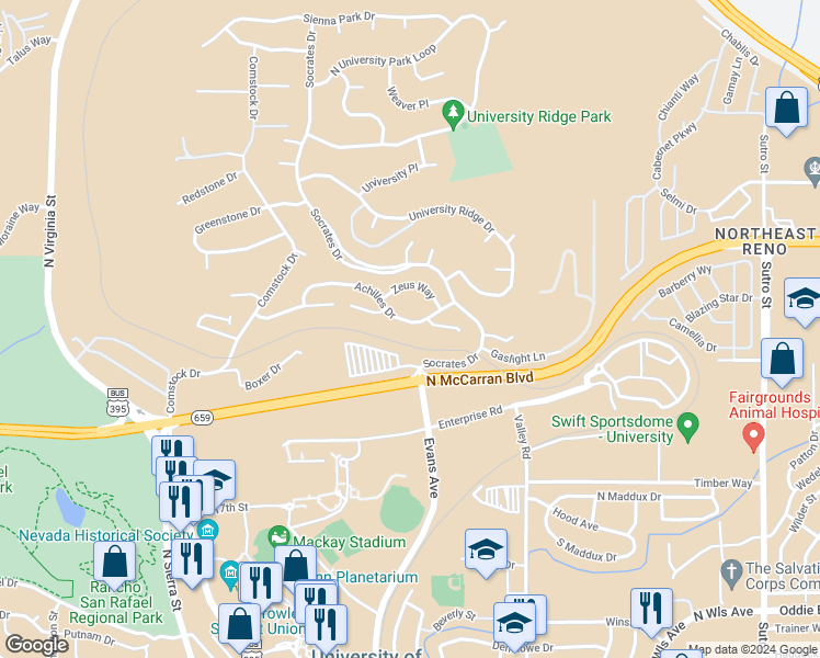 map of restaurants, bars, coffee shops, grocery stores, and more near 3040 Achilles Drive in Reno