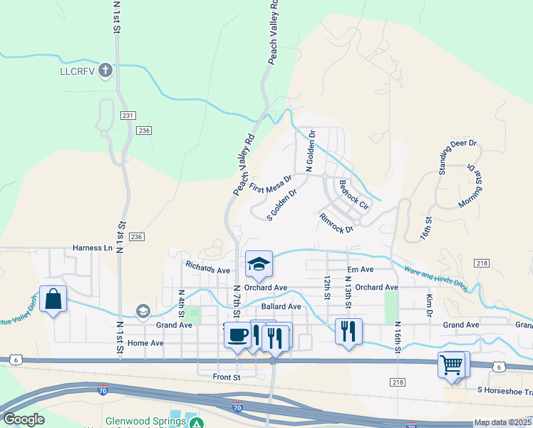 map of restaurants, bars, coffee shops, grocery stores, and more near 210 South Golden Drive in Silt